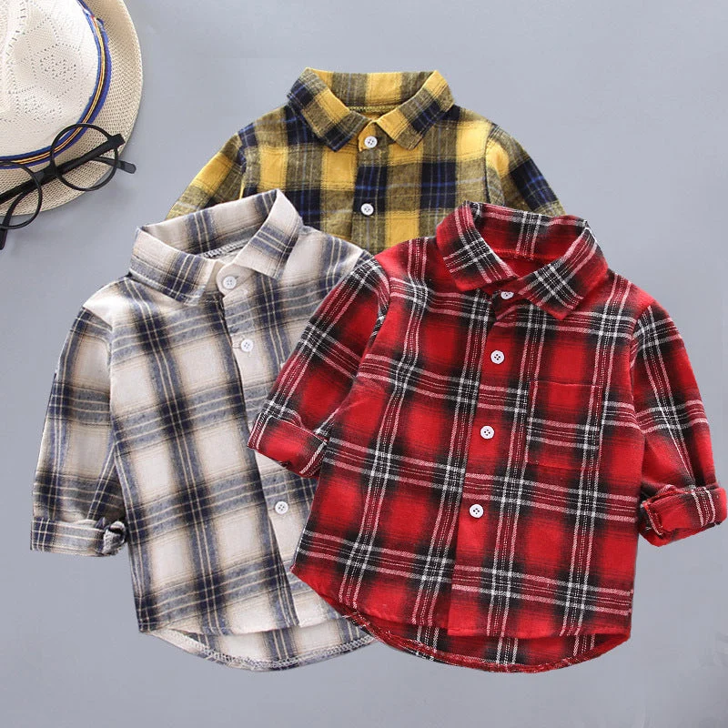 Kids PlaidLapel Long Sleeves Shirts