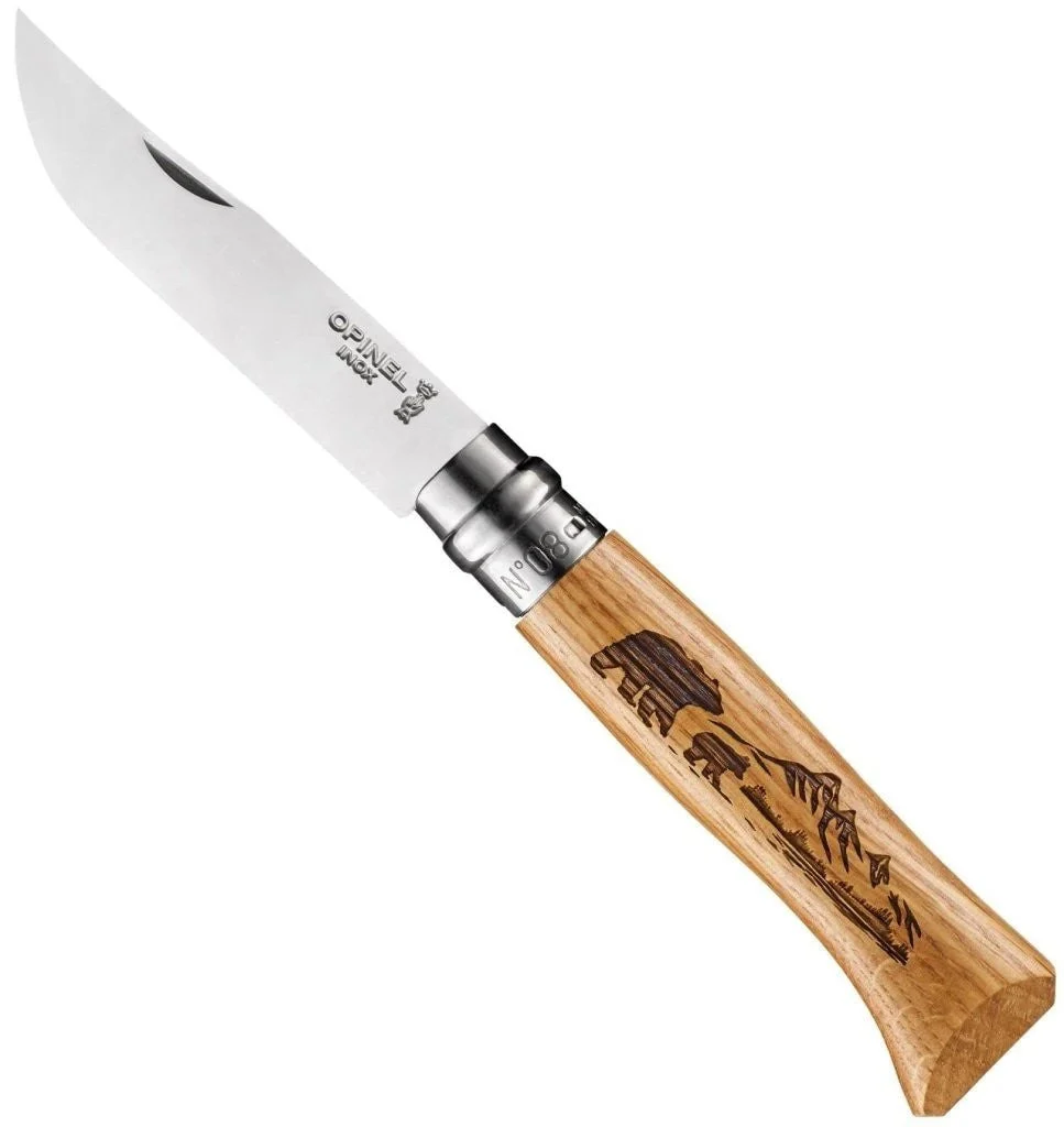 No.08 Oak Engraved Handle Folding Knife - Bear