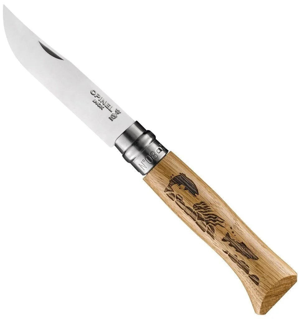 No.08 Oak Engraved Handle Folding Knife - Fish