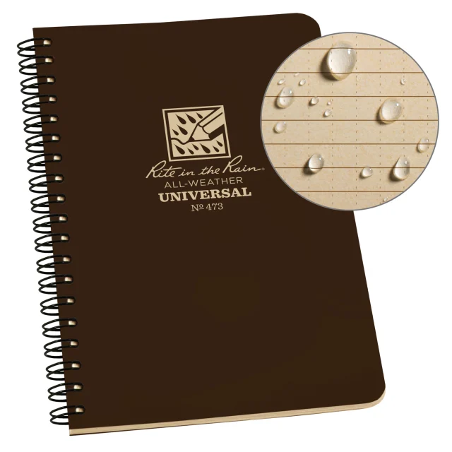 Weatherproof Side Spiral Notebook, 4.625 X 7, Brown Weatherproof Notepad, Universal Page Pattern (